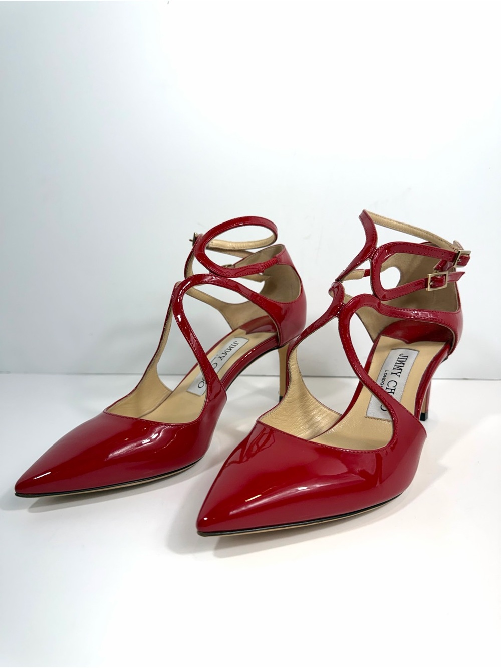 Jimmy Choo Red Patent Leather Strappy Pointed Toe Pumps - Size 36 - Picture 10 of 13